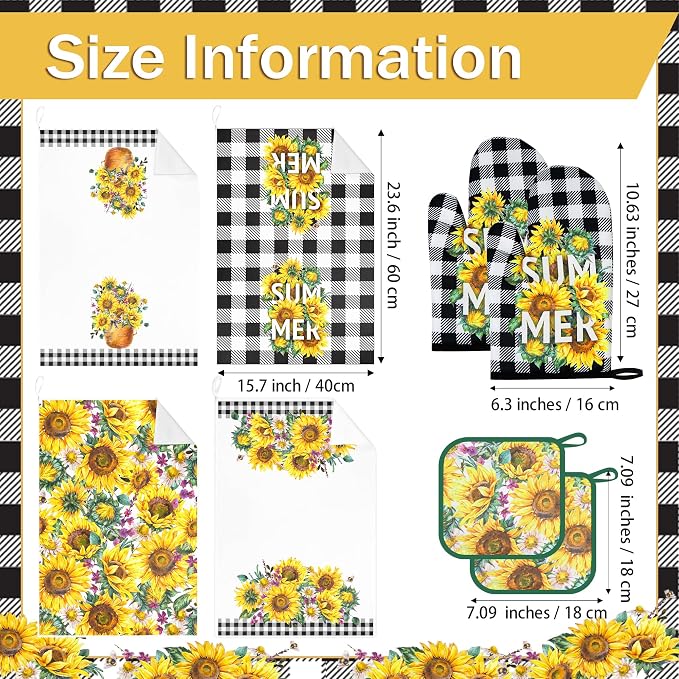 8 Pcs Sunflower Plaid Kitchen Decor Accessories Set, Dish Towels Square Heat Resistant Oven Mitts and Gloves Pot Holders for Cooking Baking Mother’s Day Farmhome Gifts
