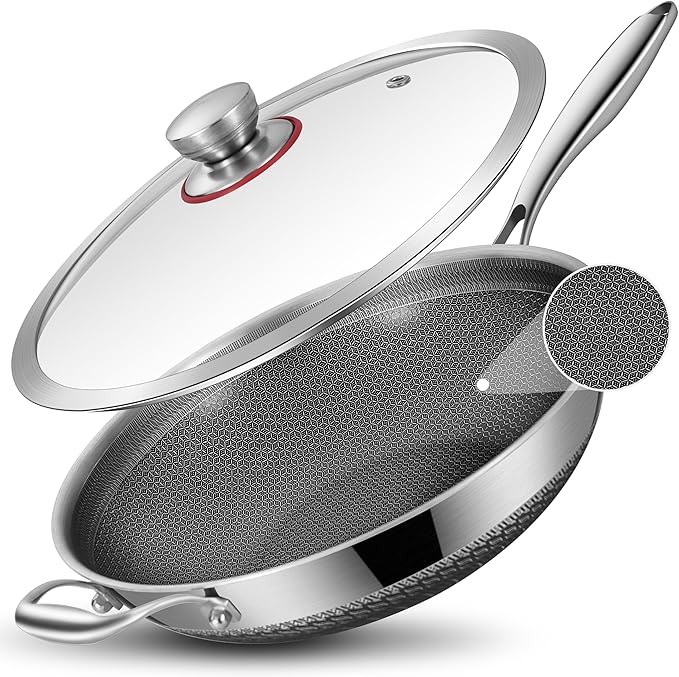 LOLYKITCH Hybird Nonstick Wok Pan with Lid | 13-Inch | Detachable Handle | Non Toxic | Tri-Ply Stainless Steel | Ceramic Coating | Stir Fry Pan | Induction Compatible | Dishwasher & Oven Safe