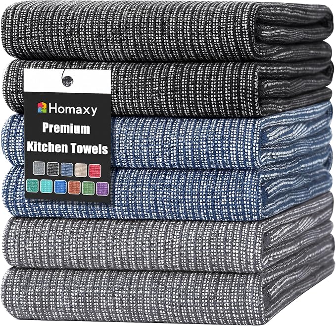 Homaxy 380 GSM Cotton Premium Kitchen Towels 6 Pack, 18"x 28", Mix | Flat and Terry Dish Towels, Highly Absorbent Tea Towel Set with Hanging Loop, Soft Kitchen Hand Towels, Navy/Grey/Black