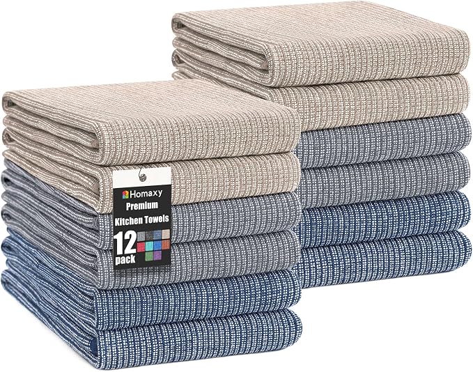 Homaxy 380 GSM Cotton Premium Kitchen Towels 12 Pack, 18"x 28", Multicolor | Flat and Terry Dish Towels, Highly Absorbent Tea Towel Set with Hanging Loop, Soft Utility Kitchen Hand Towels
