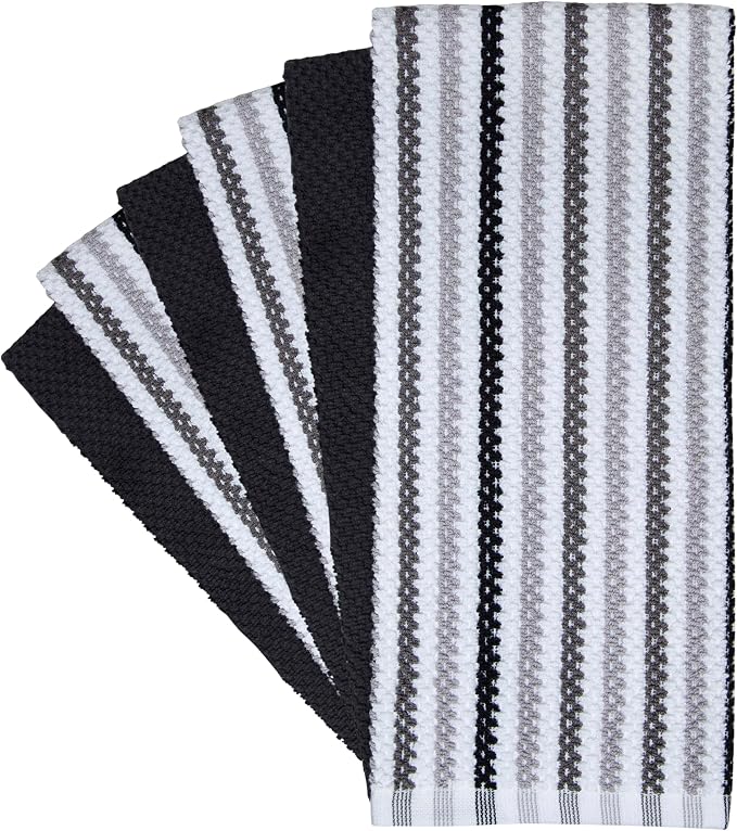 Bumble Kitchen Towels 6 Pack 100% Cotton 16"x26" - Black Wide Stripe | 430 GSM Soft Kitchen Hand Towels with Hanging Loop, Highly Absorbent & Durable for Washing and Drying Dishes