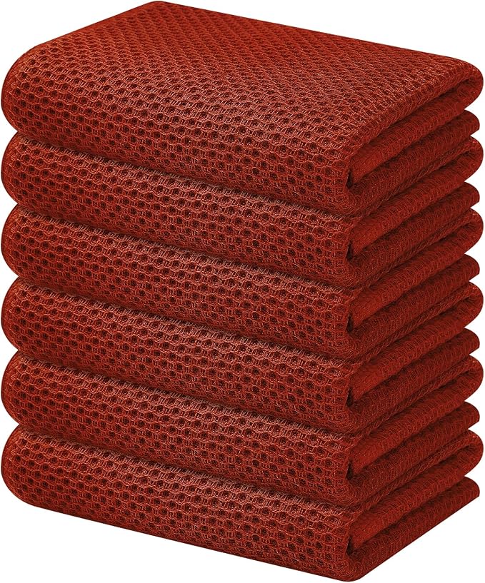Kitinjoy 100% Cotton Waffle 6-Pack Kitchen Towels, 13" x 28", Rust | Super Soft, Ultra-Absorbent, Fast Drying, lightweight, Quick Drying Kitchen Hand Towels