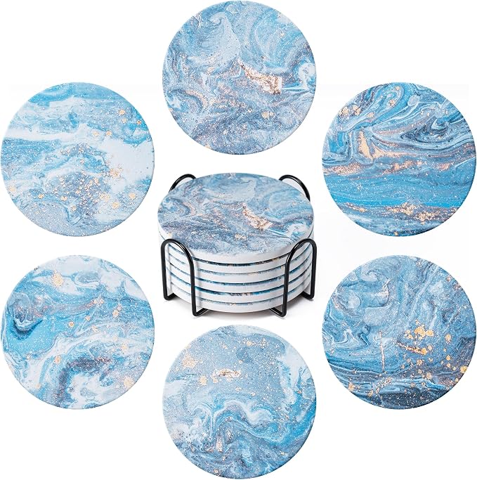 6Pcs Absorbent Coasters Set with Holder,Ceramic Drink Coaster,4 in（A9） | Marble Style Ceramic Drink Coaster,Suitable for Kinds of Cups,Modern Style Coaster for Coffee Table