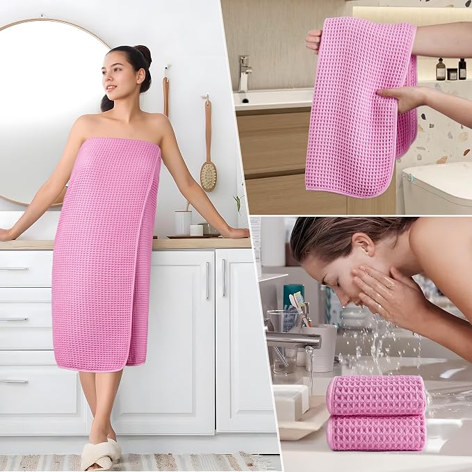 POLYTE 430 GSM Poly Blend Microfiber Quick Dry Waffle Bath Towel Set of 6 | 2-Body Towels, 2-Hand Towels, 2-Wash cloths, Oversize, Lint Free