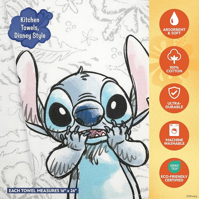 Disney Stitch Cotton Kitchen Towels & Mini Oven Mitts, 4-Piece Set | Absorbent, dries dishes fast, machine washable, mitt grip resists heat to 350F and is hand wash only, great for gifting