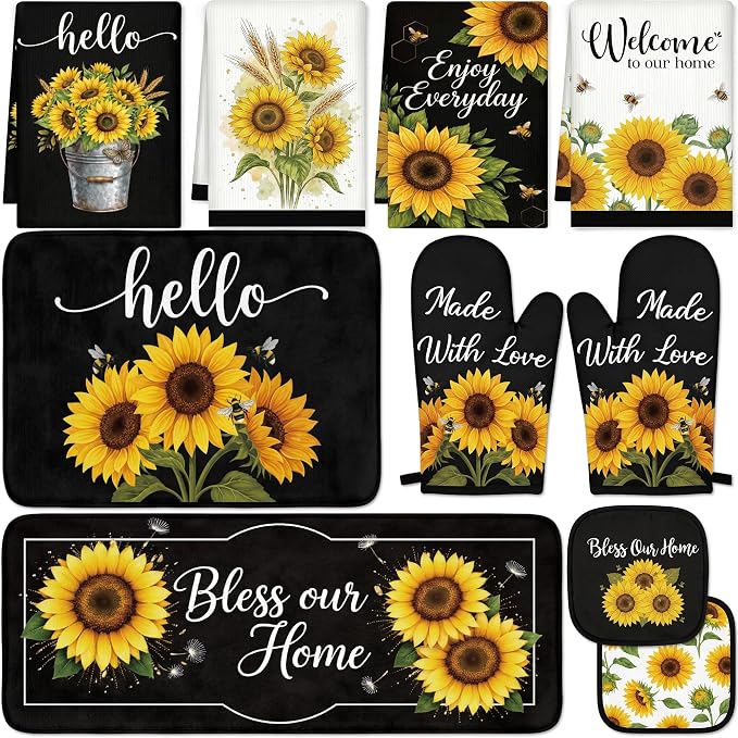 Tieshankao 10Pcs Sunflower Kitchen Decor Accessories Set | Sunflower Floral Theme, Kitchen Towels, Oven Mitts, Pot Holders, Rugs and Mats, Baking Supplies, Housewarming Gifts