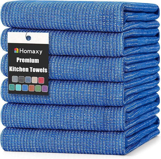 Homaxy 380 GSM Cotton Premium Kitchen Towels 6 Pack, 18"x 28", Blueberry | Flat and Terry Dish Towels, Highly Absorbent Tea Towel Set with Hanging Loop, Soft Utility Kitchen Hand Towels