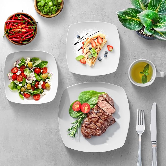 Zulay Kitchen Luna Plates and Bowls Sets, 12 Piece Modern Porcelain Dish Set for 4, Chip and Scratch Resistant Square Dinnerware Set, Microwave and Dishwasher Safe, Pearl White