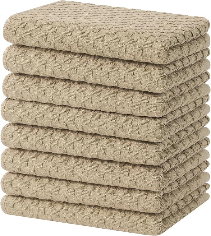 Homaxy 100% Cotton Terry Kitchen Towels(15" x 25", 8 Pack), Tan | Soft and Super Absorbent Dish Towels, 380 GSM Reusable Tea Towel with Hanging Loop, Pineapple Grid Designed