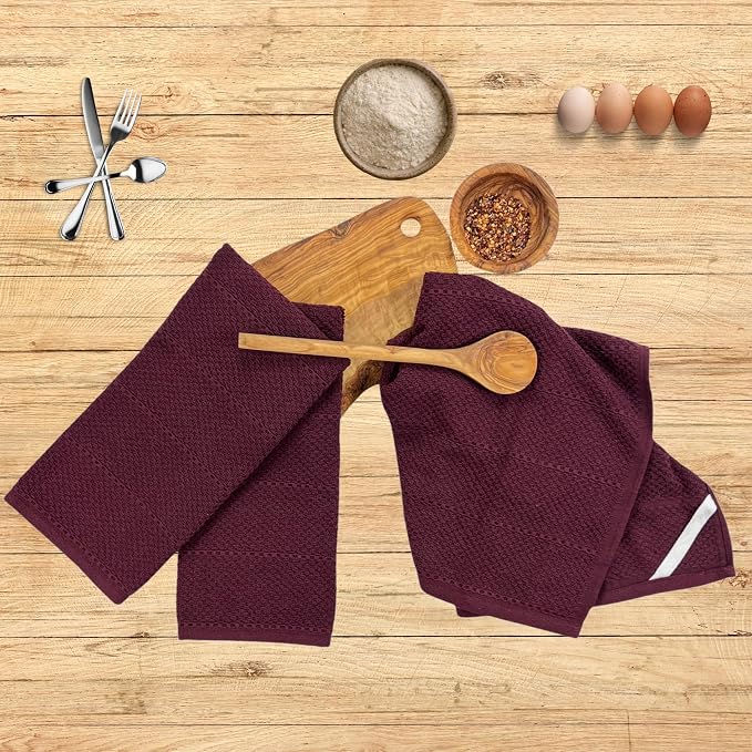 Burgundy Red Wine Kitchen Dish Towels, Set of 3, 100% Cotton, 18" x 28" | Terry Loop Textured, Soft & Absorbent Cleaning Cloth, Quick Dry, Multipurpose for Everyday Use