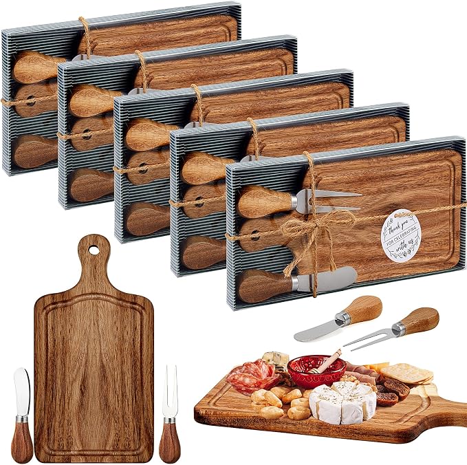 5 Sets Bridal Shower Favor Prizes Charcuterie Board,Acacia Color | Acacia Wood Cheese Board with Knife Fork Thank You Tag, Gift Box for Guests, Valentines Wedding Baby Shower Party Favors