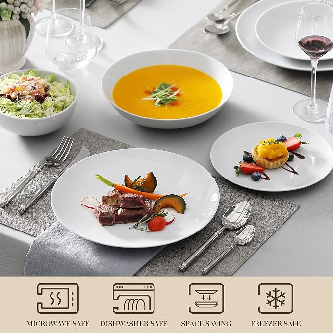 MALACASA 24-Piece Porcelain Dinnerware Set, White Round Dish Set for 6 | Modern Serving Plates and Bowls Sets for Dessert, Salad, Soup, Pasta, Microwave & Dishwasher Safe - Series AMELIA