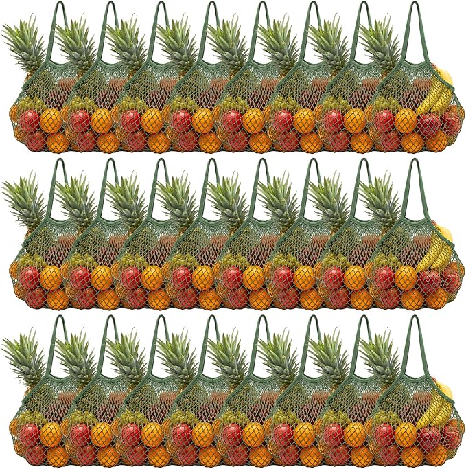 Woanger 24 Pcs Green Long Handle Reusable Cotton Mesh Produce Shopping Bags Washable Grocery Net Portable Fruit and Vegetable Cotton String Bags Net Tote Organizer
