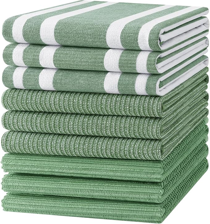 Homaxy Cotton 380 GSM Premium Kitchen Towels, 18"x28", 9 Pack, Grass Green | Soft and Absorbent Terry Dish Towels, Multipurpose Tea Towel Set with Hanging Loop, 3 Styles Kitchen Hand Towels