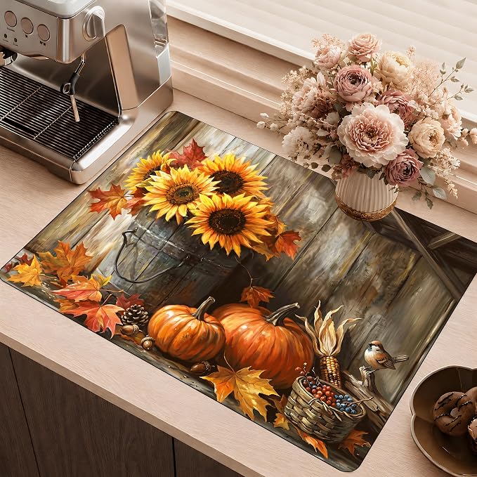 Fall Pumpkin Sunflower Stove Top Cover 28.3 x 20.5 Inch, Rustic Farmhouse Glass Cooktop Protector Mat, Autumn Harvest Electric Range Cover for Kitchen Counter Decor(Orange Sunflower)