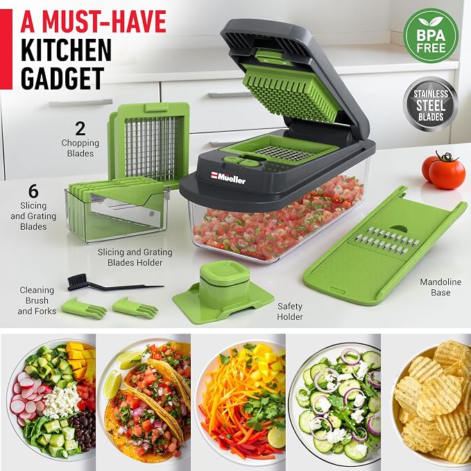 MUELLER HOME Pro-Series 10-in-1 Vegetable Chopper with Container, 8 Blade | Fruit Cutter, Dicer, Tomato Slicer, French Fry Cutter Potato Slicer, Salad Chopper, Gray/Green