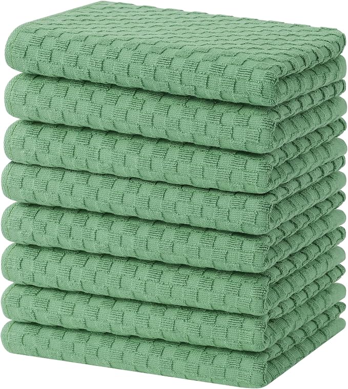 Homaxy 100% Cotton Terry Kitchen Towels(15" x 25", 8 Pack), Grass Green | Soft and Super Absorbent Dish Towels, 380 GSM Reusable Tea Towel with Hanging Loop, Pineapple Grid Designed