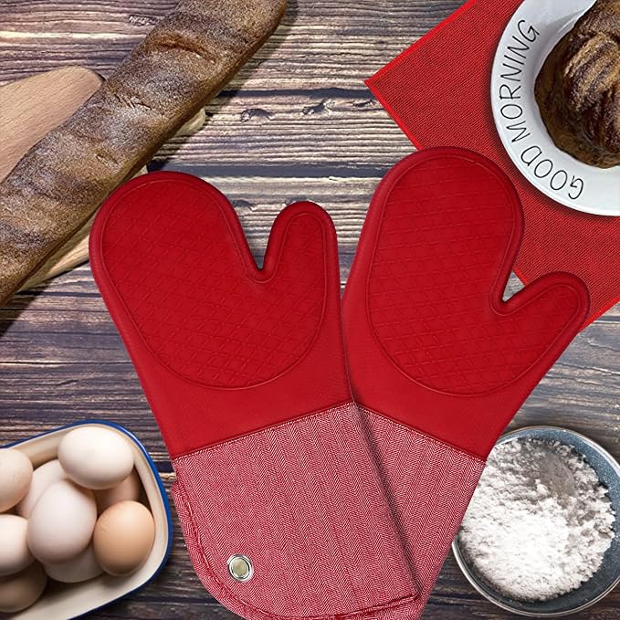 Professional Microwave Silicone Oven Mitts one Pair, Kitchen Mitten Set | Heat Resistant with 500 Degrees Oven Gloves Pot Holder for BBQ Cooking Baking (Red)