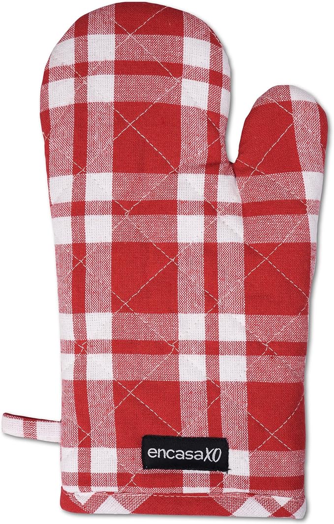 Encasa XO Oven Mitts, Heat Resistant Kitchen Gloves, Microwave | Franca Red Checks, 100% Cotton | Diamond Quilted Insulation | Pot Holders | Hanging Loop | Barbecue & Grill | Set of 2