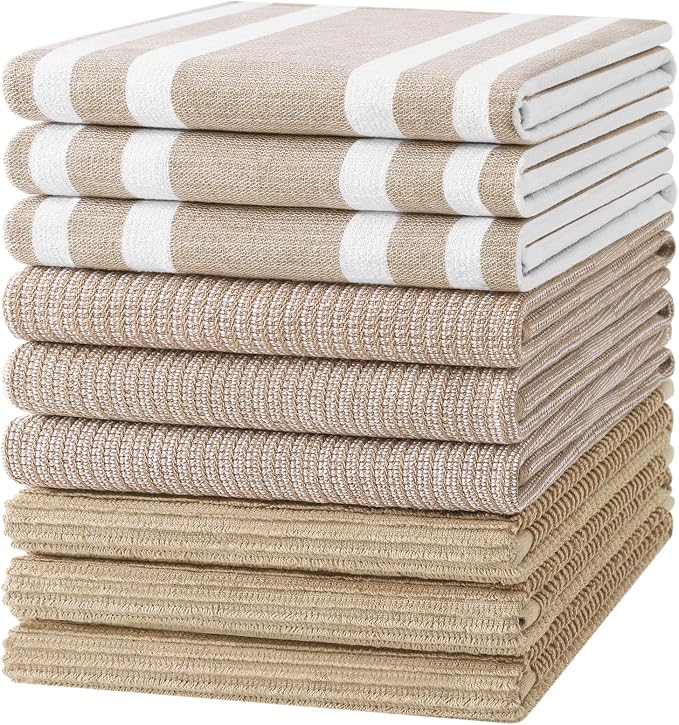 Homaxy Cotton 380 GSM Premium Kitchen Towels, 18"x 28", 9 Pack, Khaki | Soft and Absorbent Terry Dish Towels, Multipurpose Tea Towel Set with Hanging Loop, 3 Styles Kitchen Hand Towels