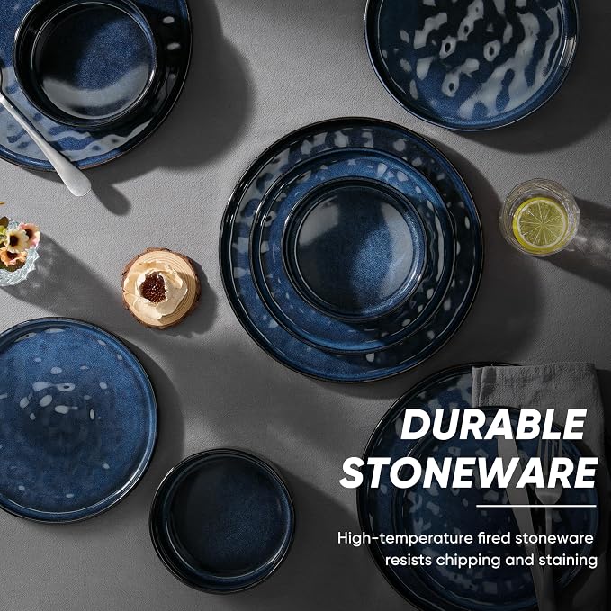 E-far Stoneware Dinnerware Set, 16-Piece Plates and Bowls Sets for 4 | Modern Dishes for Kitchen Dining, Reactive Glazing Ripple Design, Chip Resistant, Microwave & Dishwasher Safe, Starry Blue
