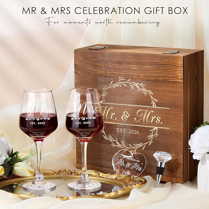 Wedding Gifts for Couples 2026 Mr and Mrs Engraved Wine Glasses Engagement Gift for Newlywed Bachelorette Bridal Shower Gifts for Bride and Groom Present for Bride To Be His and Hers