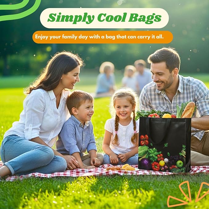 Simply Cool 25 Pack Reusable Grocery Bags, Large Tote Bags Bulk, Black | 13”x12.6”x7.25" Heavy Duty Non-woven Printed Shopping Bags with Handles, Foldable, Washable for Retail and Commercial use