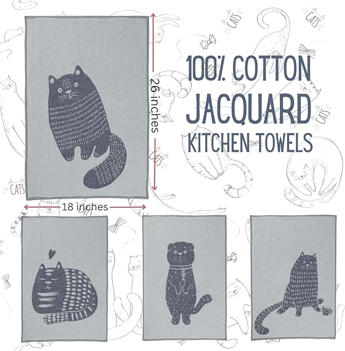 Cat Themed Funny Dish Towels for Kitchen Drying, 100% Cotton Kitchen Tea Towel Set of 4, Housewarming Birthday Gift for Cat Lovers (Cats' Moods)