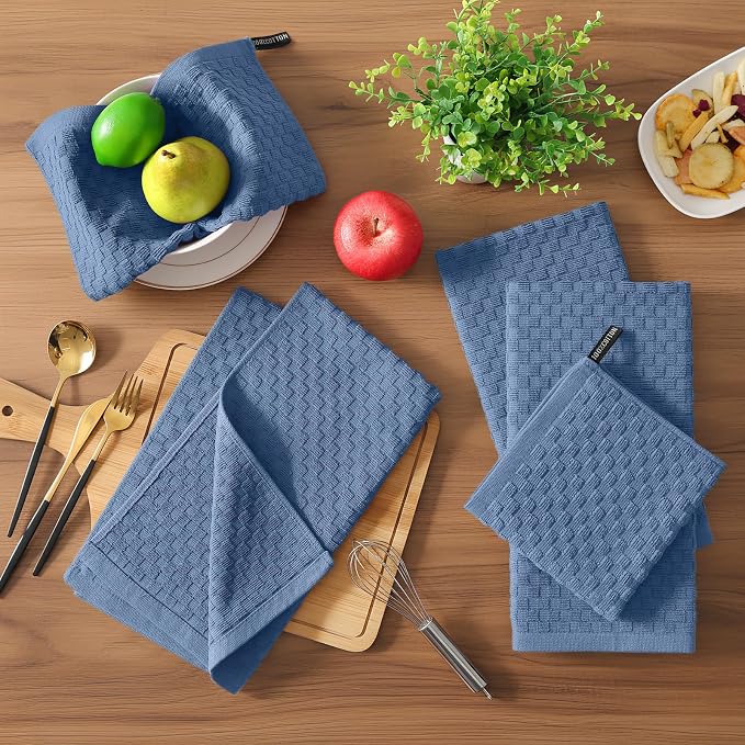 Homaxy 100% Cotton Terry Kitchen Towels(15" x 25", 4 Pack), Navy Blue | Soft and Super Absorbent Dish Towels, 380 GSM Reusable Tea Towel with Hanging Loop, Pineapple Grid Designed