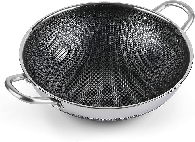 Hikaru 12.5” Wok Pan with Dual Honeycomb Wok Stainless Steel Wok Pan with Nonstick Coating, Frying Pans Cookware, Two Handles,Works with Induction ,Gas, Electric, Ceramic Furnace Stove, Without Lid