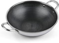 Hikaru 12.5” Wok Pan with Dual Honeycomb Wok Stainless Steel Wok Pan with Nonstick Coating, Frying Pans Cookware, Two Handles,Works with Induction ,Gas, Electric, Ceramic Furnace Stove, Without Lid