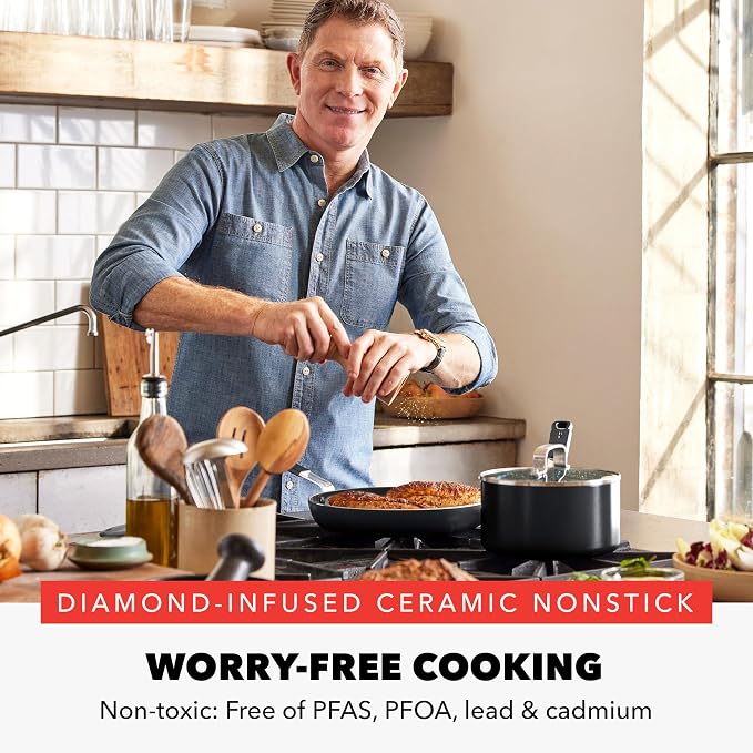 GreenPan x Bobby Flay 2.5QT Ceramic Nonstick Saucepan with Glass Lid, Black | PFAS-Free Diamond Ceramic Nonstick Chef Pan, Silicone Handle, Induction & All Stovetop Compatible, Dishwasher and Oven Safe
