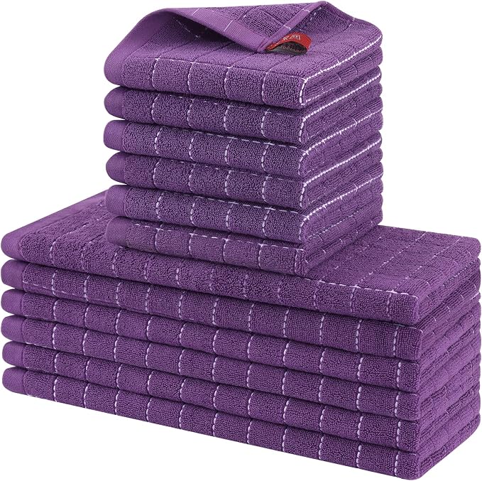 Homaxy Kitchen Towels and Dishcloths Set, Set of 12, Purple | Bulk Cotton Terry Kitchen Towels, Checkered Designed, Soft and Super Absorbent Dish Towels, 12 x 12 and 13 x 28 Inches