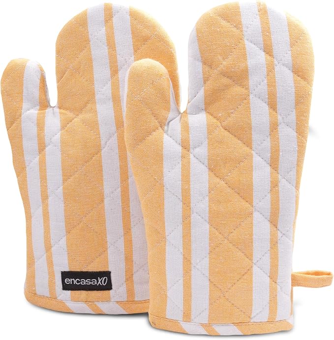 Encasa XO Oven Mitts, Heat Resistant Kitchen Gloves, Microwave | Franca Yellow Stripes, 100% Cotton | Diamond Quilted Insulation | Pot Holders | Hanging Loop | Barbecue & Grill | Set of 2