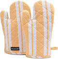 Encasa XO Oven Mitts, Heat Resistant Kitchen Gloves, Microwave | Franca Yellow Stripes, 100% Cotton | Diamond Quilted Insulation | Pot Holders | Hanging Loop | Barbecue & Grill | Set of 2