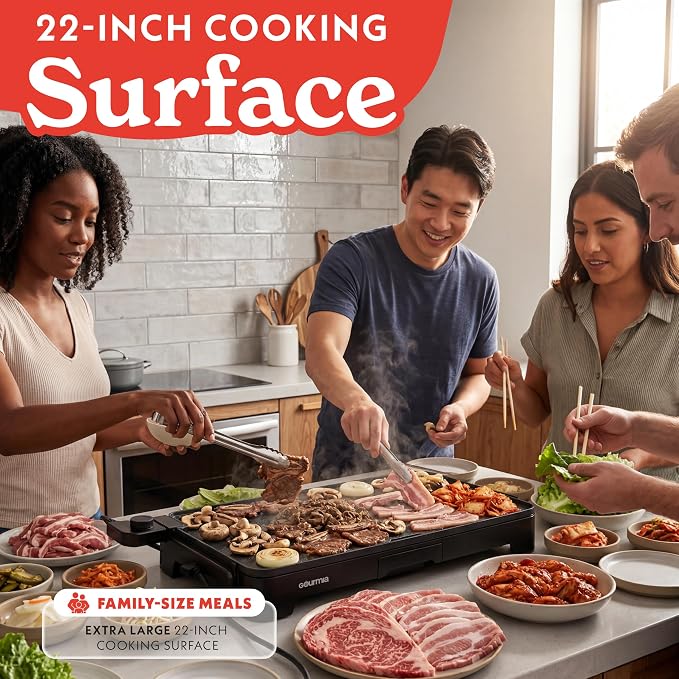 Gourmia 22 Inch XL Electric Griddle Pan - Nonstick Extra Large Flat Top Ceramic Surface, Countertop Cooker, Adjustable 200°F–400°F, Pull-Out Drip Tray, Compact Handle-Free Design