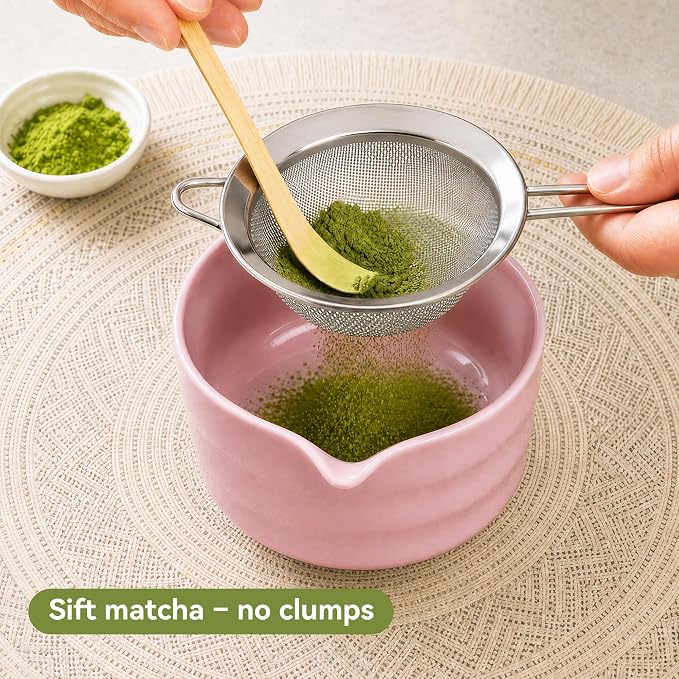 Matcha Whisk Set with Elegant Pink Ceramic Bowl - Complete Matcha Making Kit, Bamboo Whisk (Chasen), Holder, Matcha Sifter, Scoop, Traditional Tea Ceremony Tools
