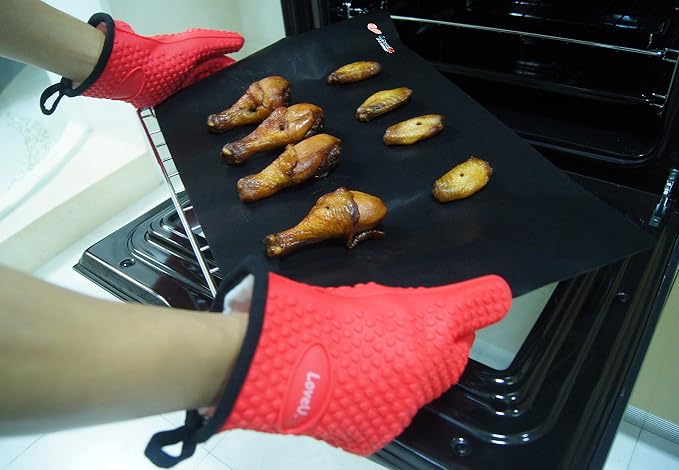Silicone Oven Mitts Gloves - Heat Resistant, Non-Slip for BBQ, Grilling | 450°F Double-Layer｜Waterproof Kitchen Cooking Barbecue Mittens ｜5 Finger Hot Mitt for Baking, Smoker& Cast Iron(One Size)