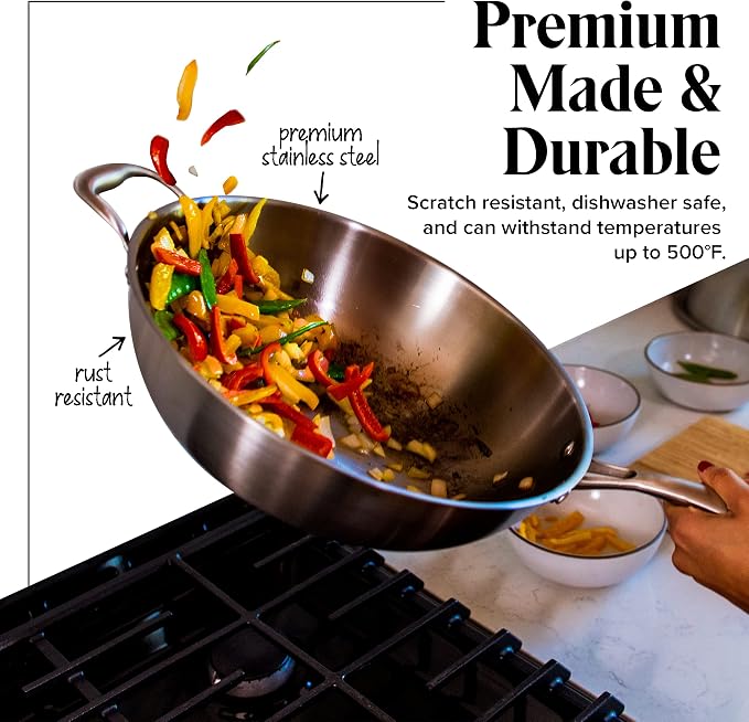 Willow & Everett Stainless Steel Flat Bottom Wok Pan, Professional Traditional Stir Fry Cookware w/Domed Lid & Spatula, Low Maintenance Rust & Scratch Resistant for Induction Gas Electric Stove Top