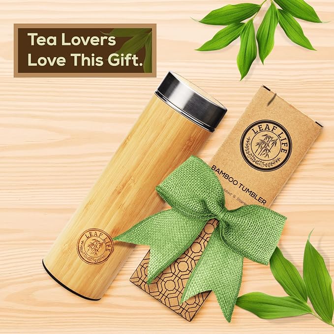 LeafLife Premium Bamboo Tea Tumbler with Infuser for Loose Leaf Tea | Insulated Coffee Bottle, Stainless Steel Gift Set, Leakproof Travel Mug, 12oz