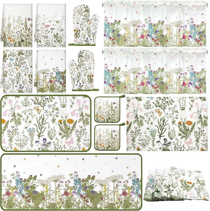 Fourluoo 16 Pcs Wildflower Floral Kitchen Decor Set Spring Kitchen Towels and Dishcloth Non Slip Rug Floor Mat Farmhouse Flower Oven Mitts and Pot Holder Retro Curtain Set for Home Decoration Gift