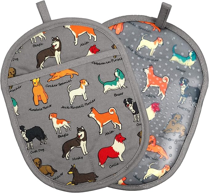 Pot Holders with Transparent Clear Silicone Shell and Nice Dog Flower | Cotton Lining Set of 2 Potholders Heat Resistant to 500 F Kitchen Oven Gloves for Cooking (Grey Dog, Potholders)