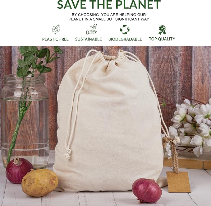 Marubhumi Cotton Storage Bags with Drawstrings Medium 8x10 Inch- 12 Pcs Reusable Muslin Bulk Flour Sack Bag,Cotton Fabric Bread Bags Bulk Food Produce Natural Storage Bag