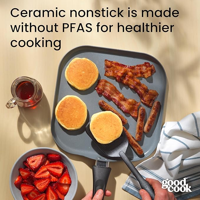 GoodCook Everyday Griddle Pan Ceramic Nonstick Aluminum Construction for Even Heating Non-Toxic PTFE & PFOA Free, 11-Inch, Black