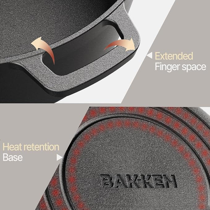 Bakken 2-in-1 Cast Iron Dutch Oven Pot with Skillet Lid, 5QT Pre-Seasoned Dutch Oven for Bread Baking, Roasting & Campfire Cooking, Heavy-Duty Indoor & Outdoor Use with Easy-Grip Dual Handles