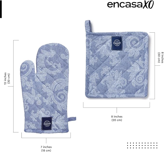 Encasa XO Oven Mitts and Pot Holders Set, Heat Resistant Cotton | Floral Blue, Diamond Quilted | Non-Slip Grip | Microwave & Oven Safe | Hanging Loop | Machine Washable | Set of 2