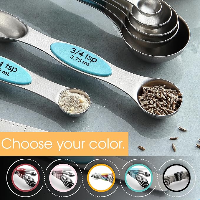 Spring Chef Stainless Steel Magnetic Measuring Spoons Set of 8, Aqua Sky | Nesting Metal Teaspoon & Tablespoon Measuring Spoons with Leveler for Dry & Liquid Ingredients, Dual Sided, Dishwasher Safe