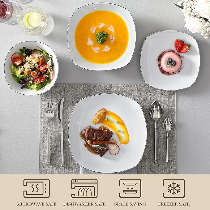 MALACASA Dinnerware Sets, 24 Piece Porcelain Square Dishes, White with Black Rim Plates and Bowls Sets, Ceramic Dish Set for 6, Chip Resistant Dishware Sets, Series ELISA | White Ceramic Plates and Bowls Sets for Serving, Chip Resistant, Microwave & Di...