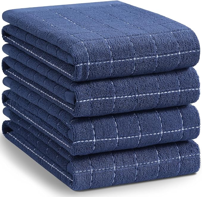 Homaxy 100% Cotton Terry Kitchen Towels, Large 4 Pack, Navy Blue | Ultra Soft and Absorbent Dish Towels for Kitchen, Suitable for Drying and Washing Dishes