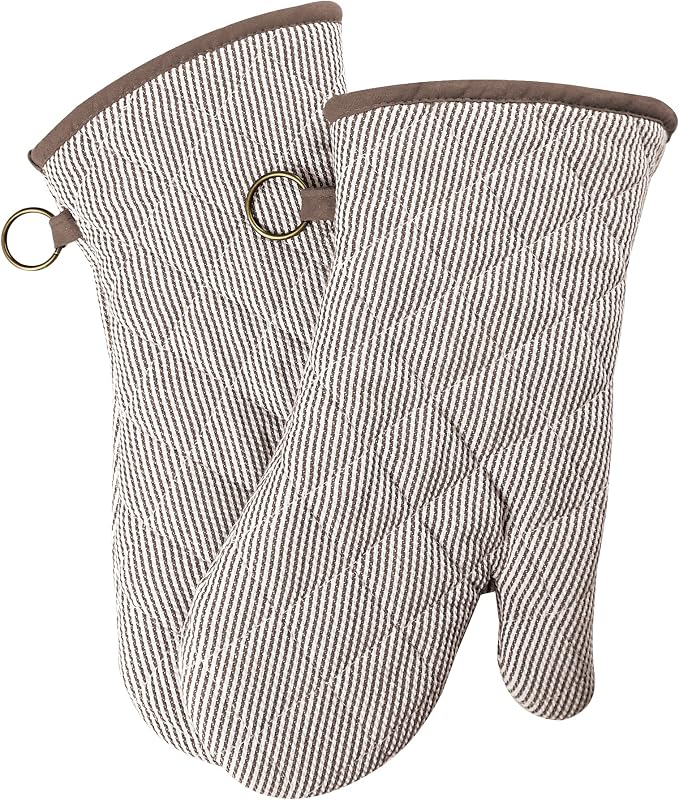 Yarn Dyed Oven Mitts 1 Pair, 100% Cotton Heat Resistant 470 Degree | Oven Gloves for Men Women Cooking Baking Barbecue BBQ Microwave Crafting Machine Washable Pot Holders Mittens (Khaki 2)